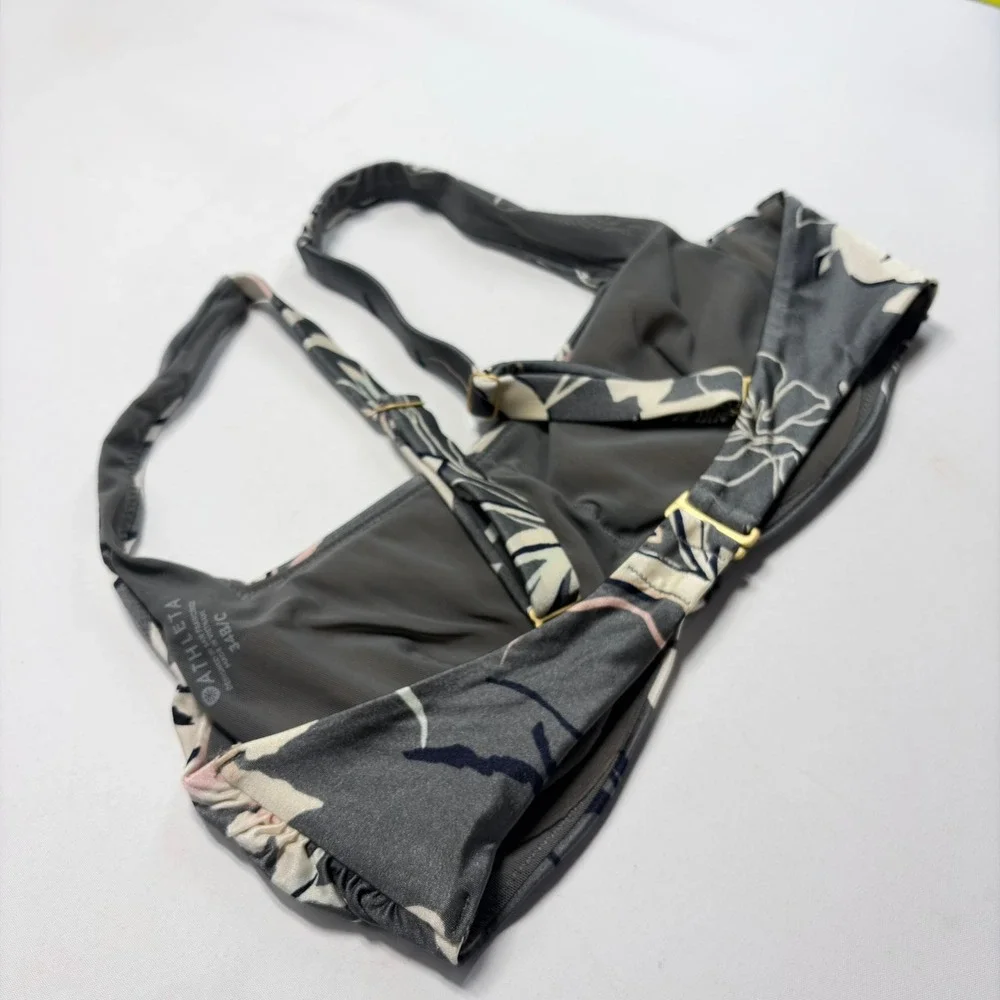 Athleta Floral Padded Bra Top‎ Womens 34B/C Gray Strappy Swim Yoga Tank